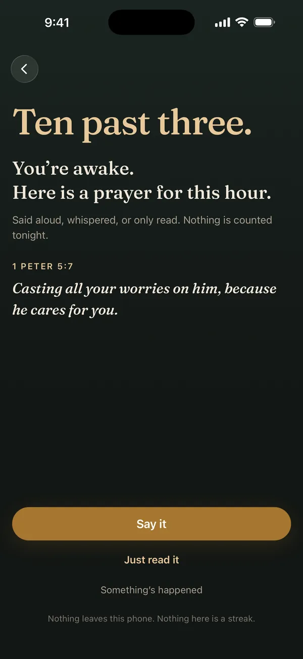 A night screen: Ten past three. You're awake. Here is a prayer for this hour.