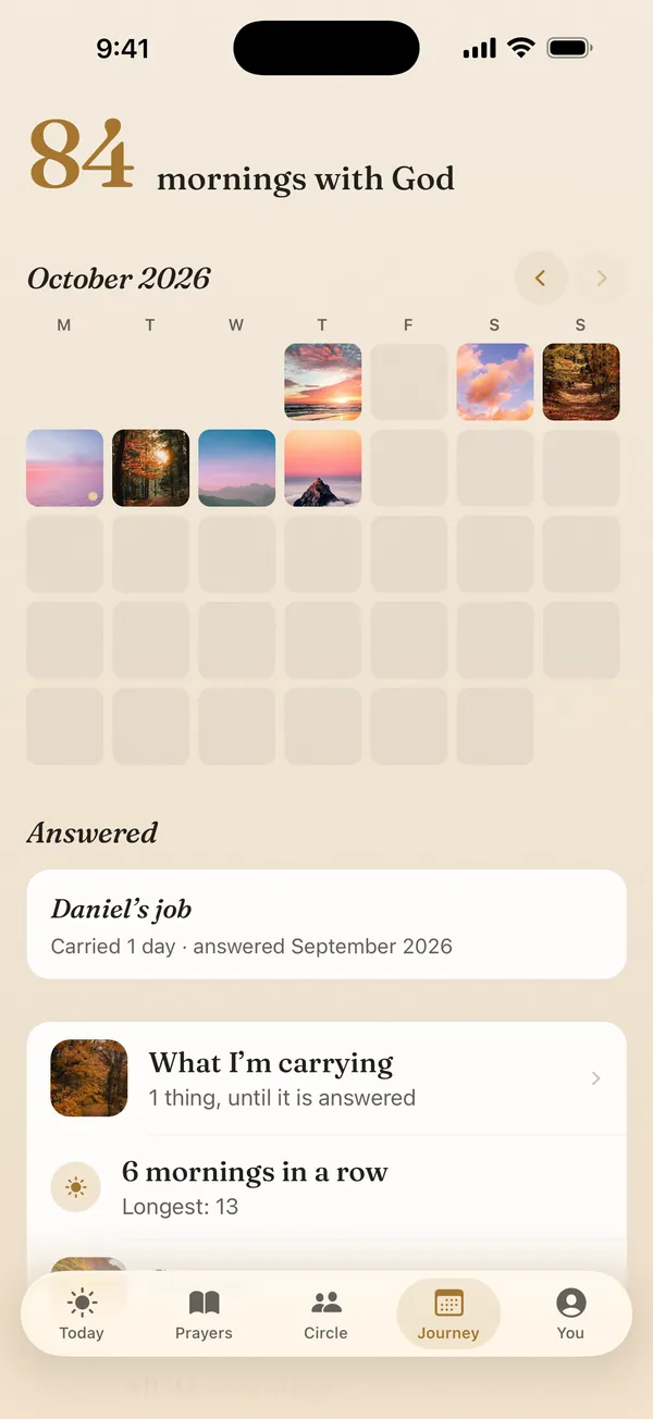 The Journey tab: 84 mornings with God and a month of photographs, one for each morning prayed.