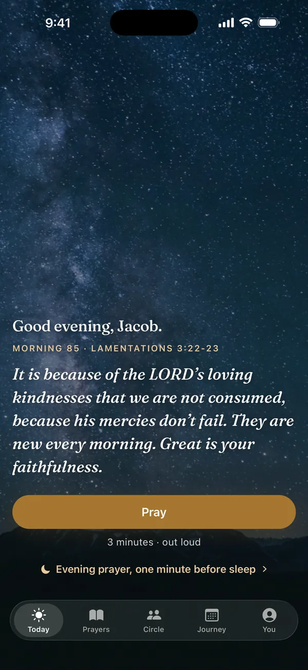 The evening screen: Good evening, a verse from Lamentations 3 over a night sky full of stars, and an evening prayer one minute before sleep.